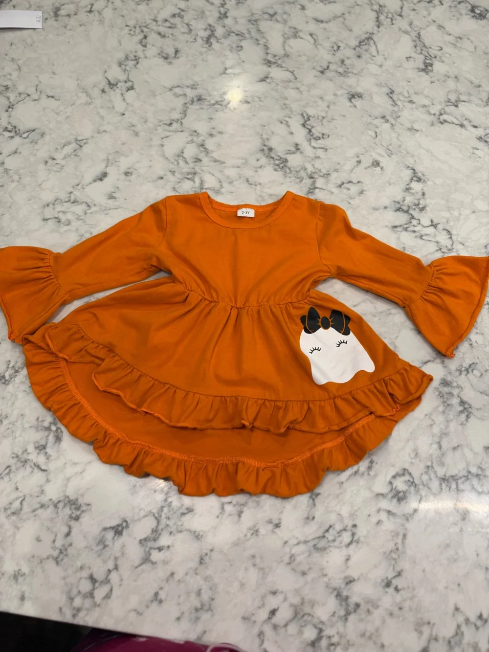 Orange Halloween Ghost Ruffle Top + Ghost Print Flare Pants – Size 2-3Y 🎃